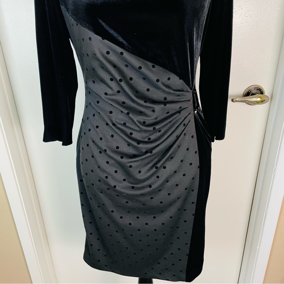 Tahari 6P Black Midi Dress Woman Dots 3/4 Sleeve Rhinestone Evening Party Velvet - Picture 5 of 14